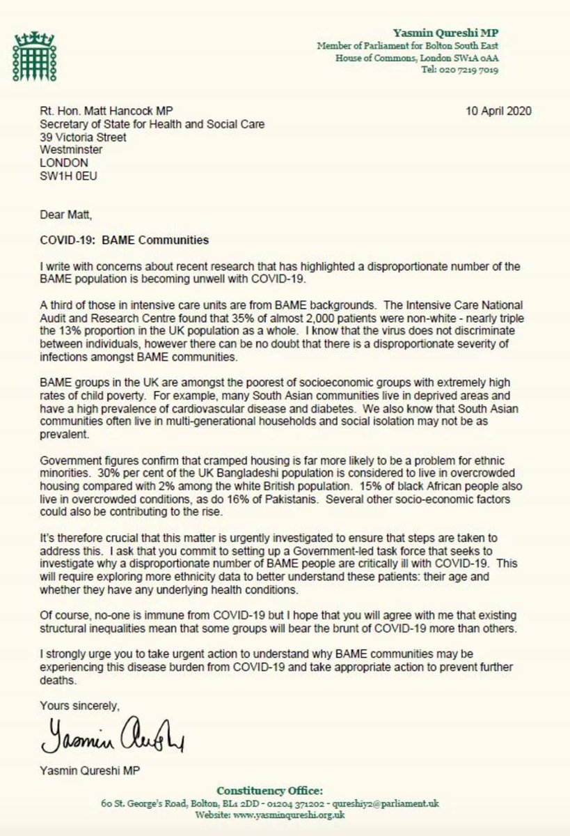 A powerful letter by @YasminQureshiMP
asking the government to take urgent action to investigate why a disproportionate number of BAME people are critically ill with #COVID19 
@WRES_team @richardhorton1 @askdoc1 @EmmaWiley16 @zanba_a @DrMyraM
@hinajshahid 
#minorityhealthmatters