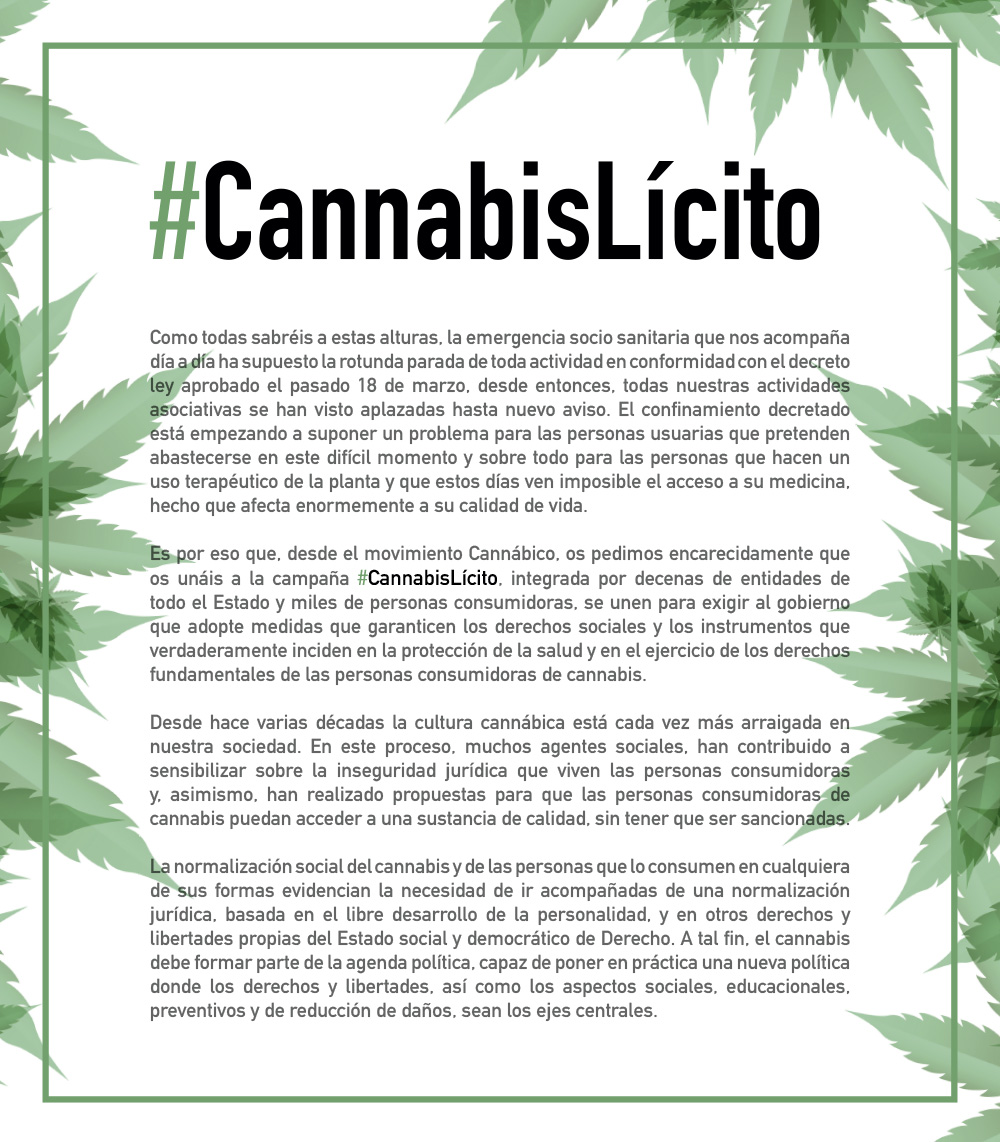 FederacionFAC's tweet photo. #CannabisLicito Una campaña colaborativa, a la que han tenido acceso 38 personas y organizaciones, que tiene como objetivo visibilizar la situación de criminalización de las personas usuarias de Cannabis, y solicitar una respuesta legislativa a las demandas sociales. https://t.co/y74xHPeOO0