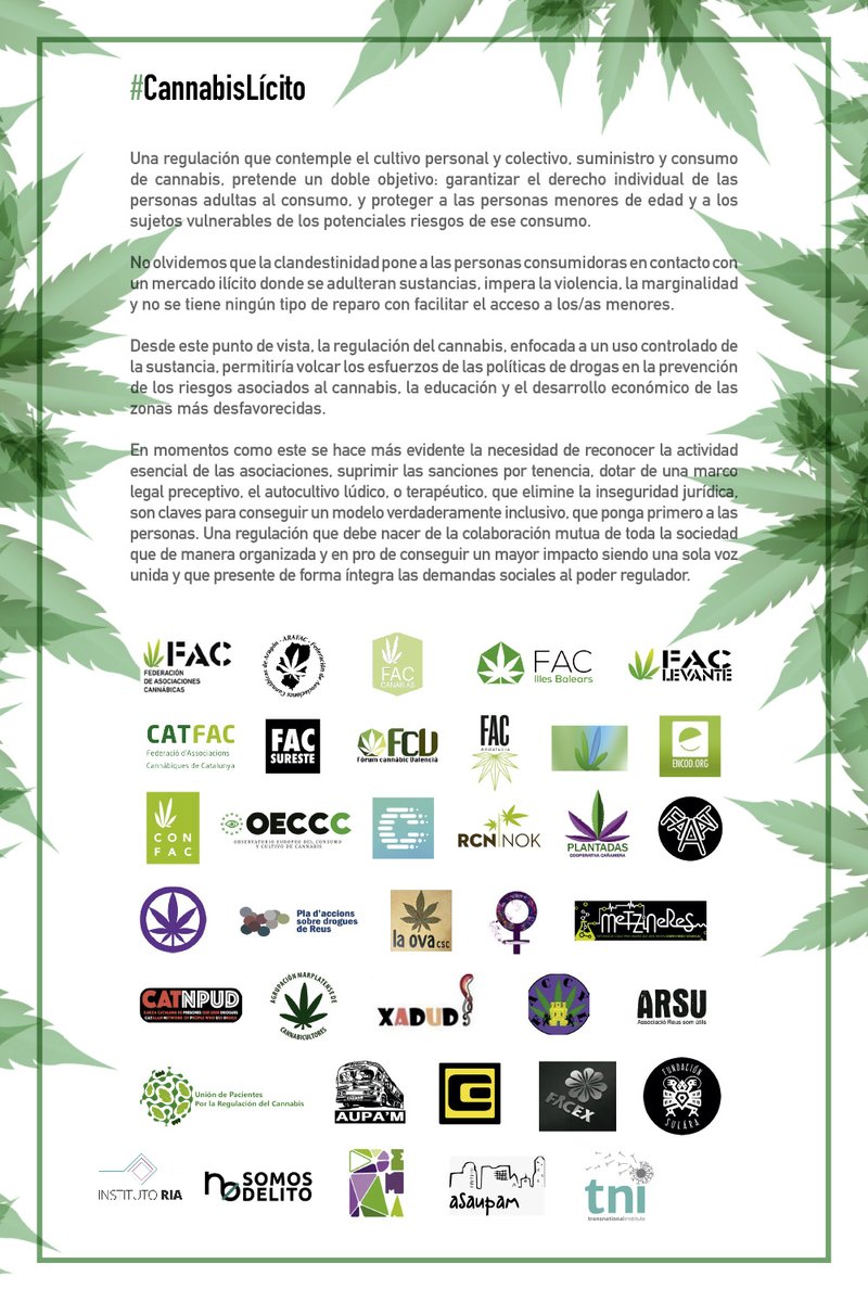 FederacionFAC's tweet photo. #CannabisLicito Una campaña colaborativa, a la que han tenido acceso 38 personas y organizaciones, que tiene como objetivo visibilizar la situación de criminalización de las personas usuarias de Cannabis, y solicitar una respuesta legislativa a las demandas sociales. https://t.co/y74xHPeOO0