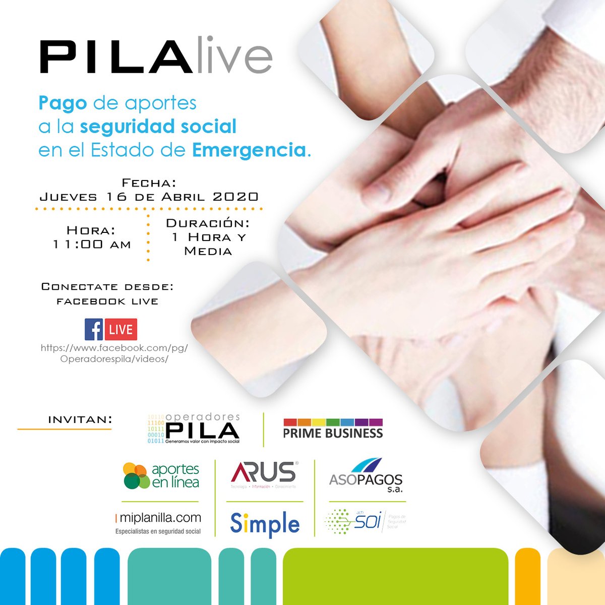 Operadores de Información, Te invitan hacer parte de la Conferencia #ONLINE Pago de Aportes a la seguridad Social en Estado de Emergencia
Te esperamos este Jueves 16 de Abril a las 11:00 Am 🕙
🤝Te podrás conectar por
FACEBOOK: facebook.com/pg/Operadoresp…