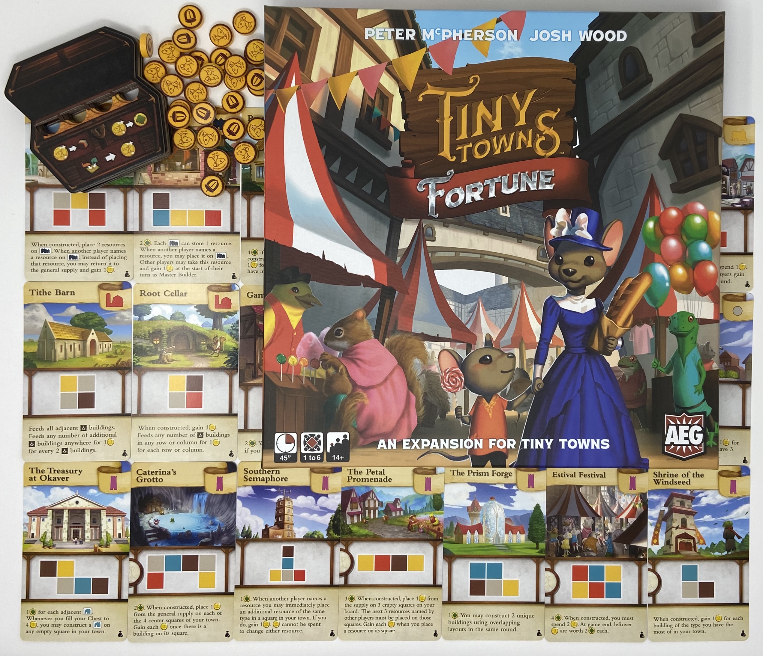 Boardgamegeek Most Of The Components In Tiny Towns Fortune Which Alderac Released In Feb And Which Contains 22 New Building And Monument Cards Along With Coins Players Can Earn