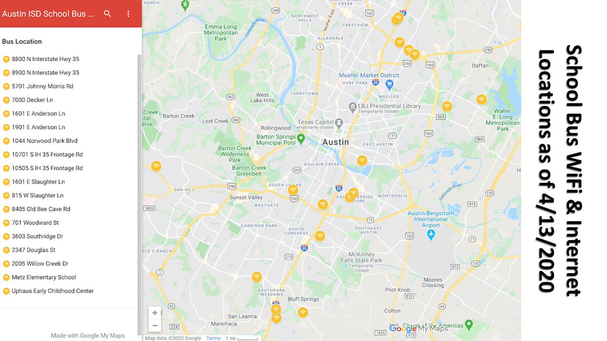 This is the current map of Austin ISD WiFi-enabled school bus locations. More than 100 school buses are out serving our community. Powered by <a href="/Kajeet/">Kajeet</a>