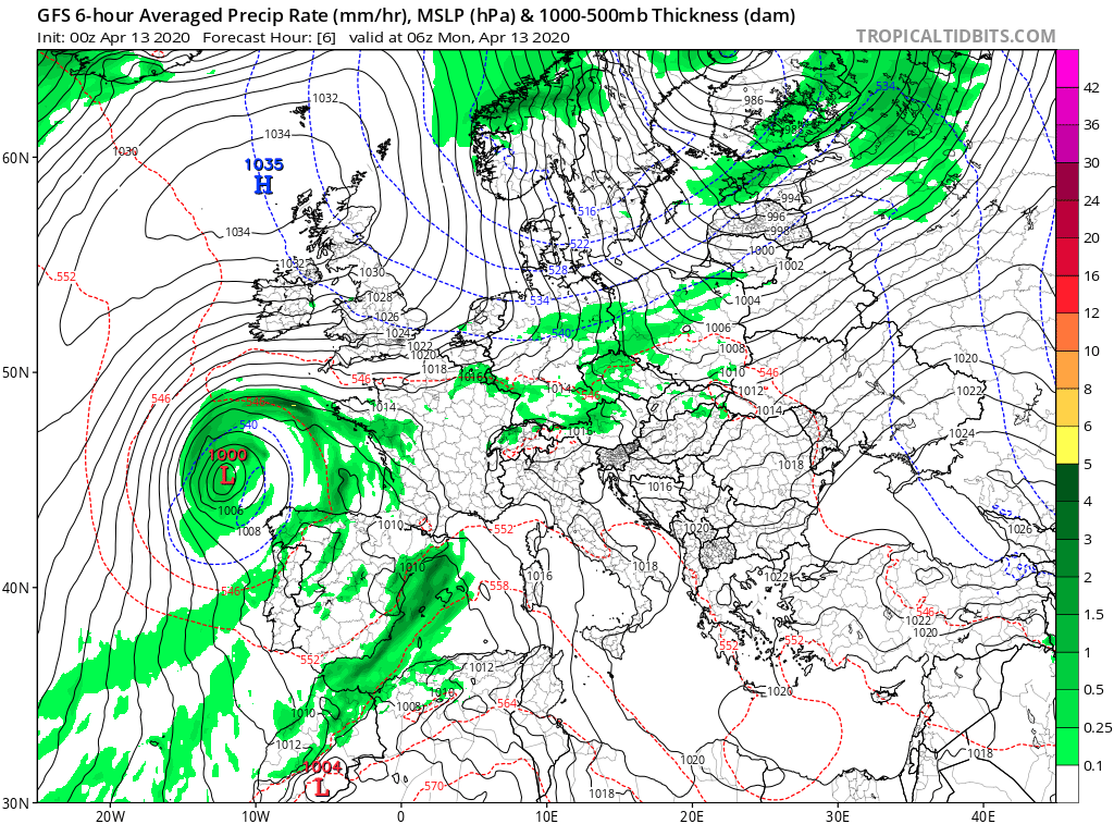 Qd on regarde les précipitations (plage de couleur), on devine de nouveau l'enroulement (sens inverse d'une montre) autour de la dépression et on voit la zone très humide et nuageuse le long de la côte méditerranéenne espagnole qui remonte vers le Sud Est de la France. (5/N)