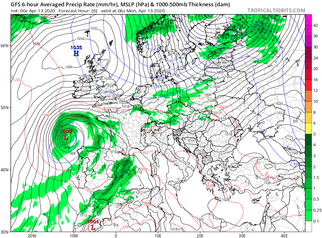 Qd on regarde la pression atmosphérique (mesurée par un baromètre en millibars, ici les contours noirs), on voit que le petit tourbillon correspond à un minimum de pression (L sur la carte de 6h de ce matin) avec une valeur autour 1000mb. C'est une dépression. (4/N)