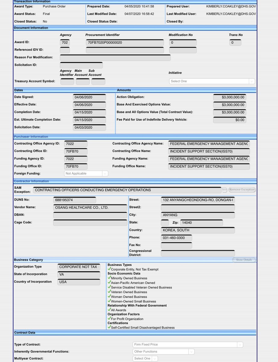 The Reuter’s article states  @fema ordered 300,000 test “kits” from OsangTCV = $3,000,000.00$10 per test kit but math isn’t my strong suitDouble check here: https://www.sam.gov/SAM/pages/public/searchRecords/searchResults.jsfOr here https://www.usaspending.gov/#/search Or here  https://www.fpds.gov/fpdsng_cms/index.php/en/Or here https://drive.google.com/file/d/1jokRqqkgU6XIFzqAknZe4hn7OTOITjjJ/view?usp=drivesdk