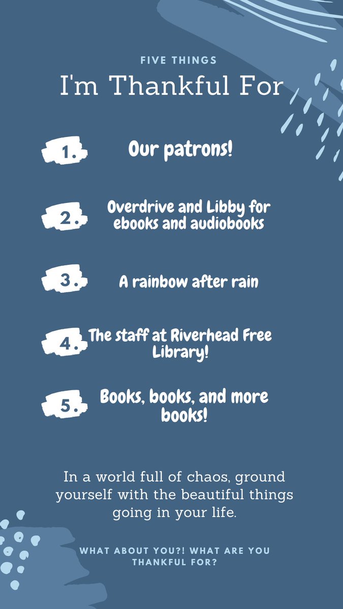 RivFreeLibrary's tweet photo. Instagram challenges are great on Twitter too! We challenge you to list the top five things you are grateful for! Tag us in your challenge and let's spread positivity! #gratitude #riverheadstrong #NewYorkStrong https://t.co/dYjtkxlfEN