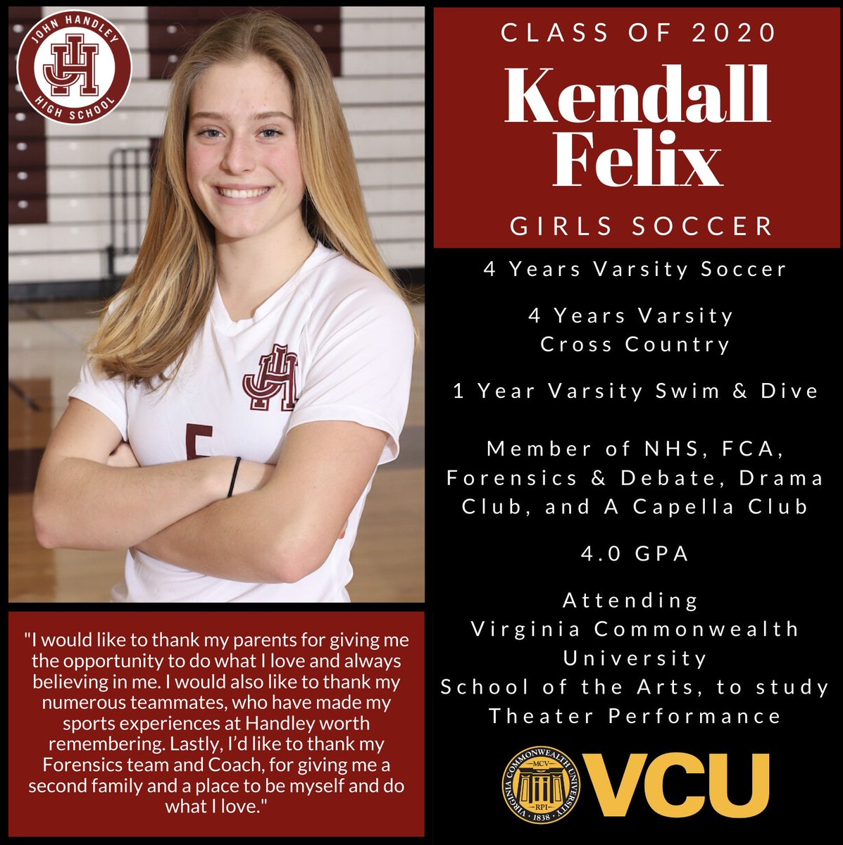 HandleyJudges's tweet photo. Spring Senior Profiles Day 10... Celebrating a true Renaissance Woman. Congrats Kendall!
@GoJudges @jhhsclassof2020 @WinStarSports1 https://t.co/HL7XzqDajP