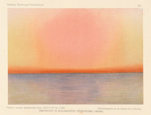 PublicDomainRev's tweet photo. Beautiful series of images by Eduard Pechuël-Loesche from an 1888 book on the strange skies produced the world-over after the 1883 eruption of Krakatoa: https://t.co/UTAX8292fM https://t.co/KQYDljTgiJ
