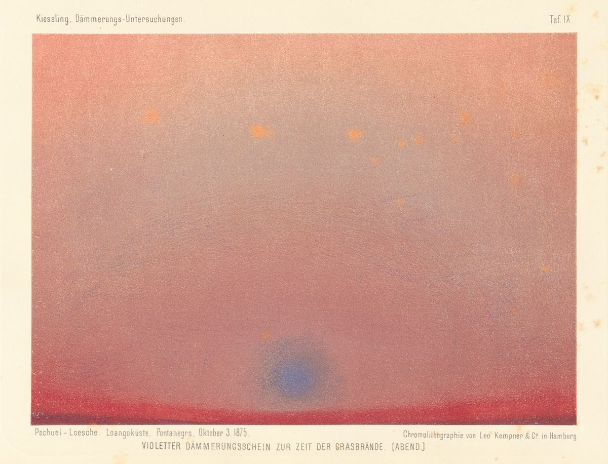 PublicDomainRev's tweet photo. Beautiful series of images by Eduard Pechuël-Loesche from an 1888 book on the strange skies produced the world-over after the 1883 eruption of Krakatoa: https://t.co/UTAX8292fM https://t.co/KQYDljTgiJ