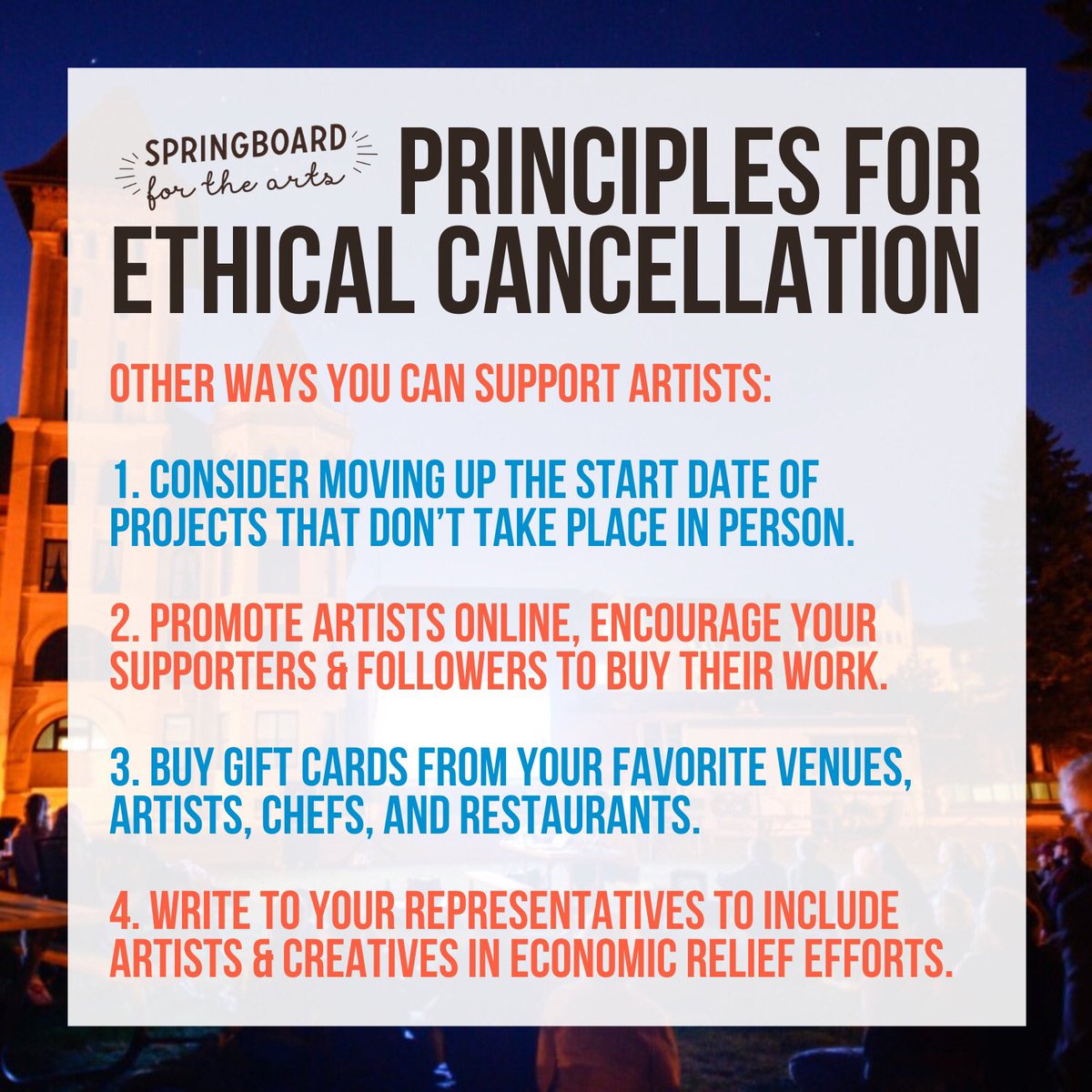 As we move forward in these uncertain times, navigating when live events may occur again, and how to move activities online, we wanted to re-share our Principles for Ethical Cancellation. As you plan for what's next, support artists and creative workers.

springboardforthearts.org/stories-writin…