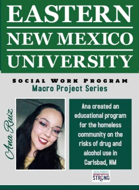 SASWatENMU's tweet photo. The ENMU Social Work Program is recognizing BSW students for their creativity and ingenuity by creating change for their community. Today, we are recognizing Ana Ruiz! #MacroSW #SWGenerationsStrong #SocialWorkStrong #ENMU #StudentSocialWorkers https://t.co/VYpdecZf2F