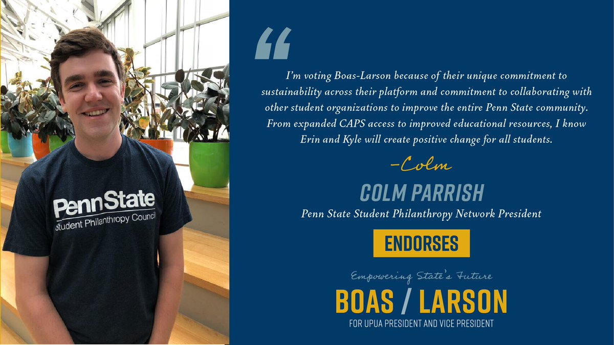 VoteBoasLarson's tweet photo. Endorsement Announcement!!
Thank you, Colm Parrish for endorsing Boas-Larson! Colm serves as the Penn State Student Philanthropy Network President. #VoteBoasLarson https://t.co/tAtVcEUka3