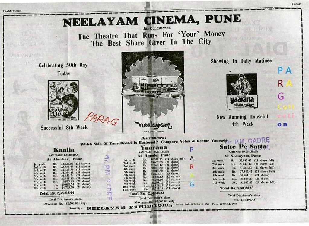 ashokmistry4545's tweet photo. @SrBachchan Megastar #AmitabhBachchan Sir’s Bollywood Blockbusters Film
#SattePeSatta Celebrate #50Days
#Yaarana running #11thWeek
#Kaalia running #9thWeek
simultaneously !!!!!
Dt: 17/04/1982
ONE MAN INDUSTRY @SrBachchan Sir
Via: @amiitransure
#ParagCollection https://t.co/6yju1Ja7yg