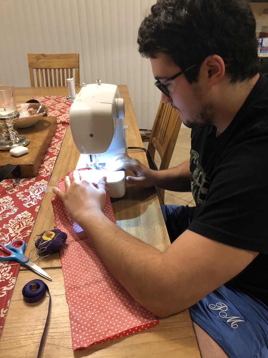 TheFirstAcademy's tweet photo. What an awesome example of Service Before Self! Senior Pedro M. is helping his mom make masks for his family, neighborhood, and friends. #strongertogetherathome #tfaremote https://t.co/ySwj9dkO8q