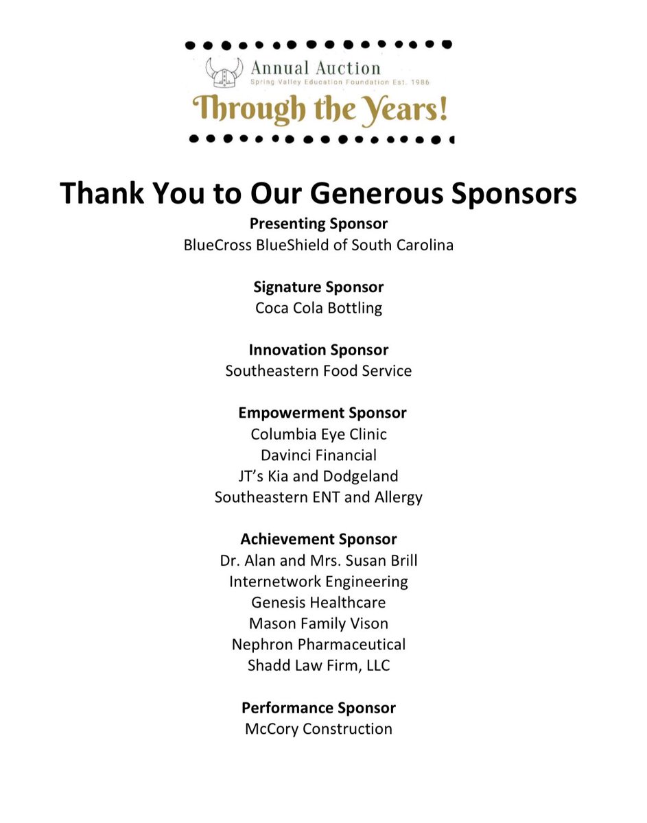 SpringValleyEd's tweet image. The Spring Valley Education Foundation would like to thank all of our Annual Auction Sponsors!! We appreciate your generosity and support!! #springvalleyeducationfoundation #eventsandactivities