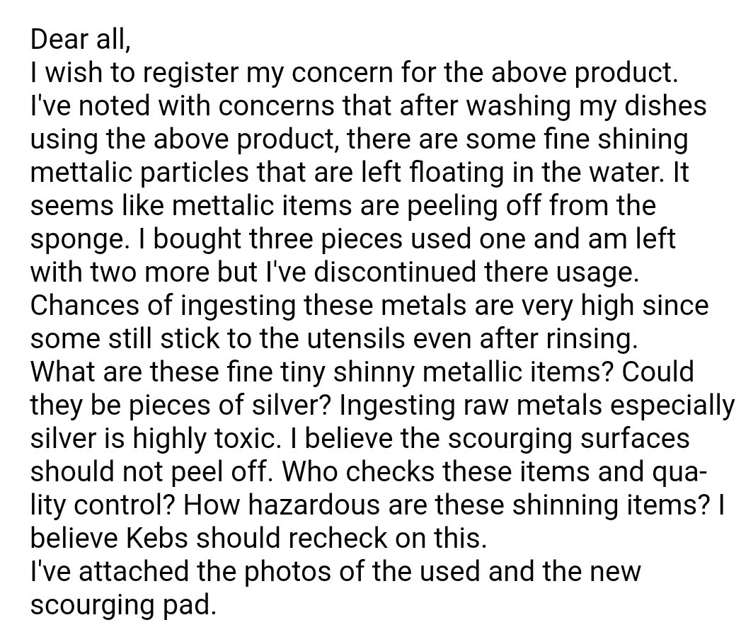 Cofek_Kenya's tweet photo. Consumer's serious questions on the quality and high risk posed by "Safisha" scouring pad to unsuspecting @KEBS_ke #CofekYellowAlert #ConsumerVoice https://t.co/g6UpsLgNXD
