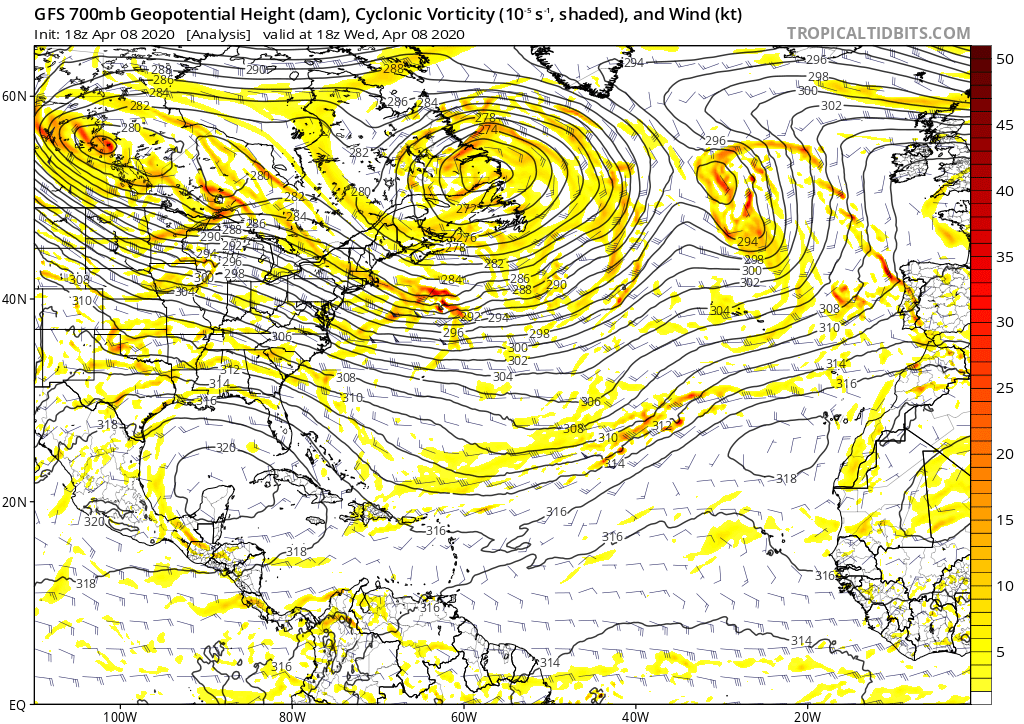 Plaçons nous maintenant mercredi dernier, 8 Avril, et regardons cette même carte de vorticité (couleur) et de pression/vent pour cette date. Voyez-vous le précurseur sur l’Atlantique qui va donner notre petite bulle d'aujourd'hui, soit 5 jours après? (14/N)