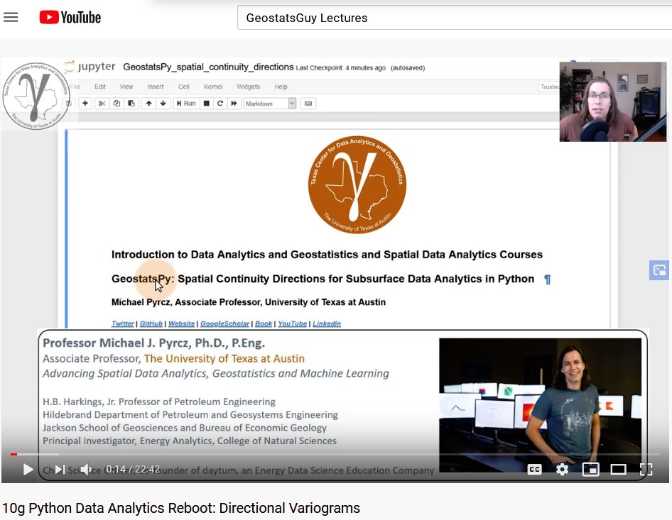 GeostatsGuy's tweet photo. I just started working with @Camtasia, #remoteteaching for my students & anyone interested in #spatial #DataAnalytics, #geostatistics & #MachineLearning! Now learn about directional #variograms in #Python @ProjectJupyter. See the lecture on #YouTube @ https://t.co/TZqRbj6E9p ∀. https://t.co/Zp5EhoJk9b