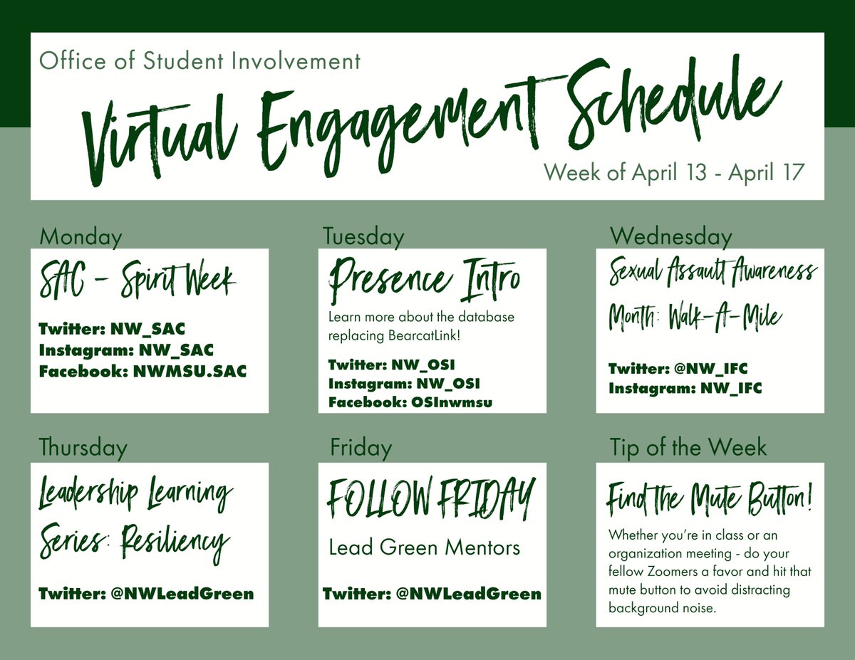 Looking for a reason to get dressed up <a href="/NWMOSTATE/">Northwest Missouri State University</a>? Check out <a href="/NW_SAC/">Northwest SAC</a> Spirit Week along with other awesome <a href="/NW_OSI/">Student Involvement</a> opportunities to engage! #NWBeWell #BeNWGreek #BearcatsConnect  <a href="/NW_Panhellenic/">Northwest Panhellenic</a> <a href="/NW_IFC/">Northwest IFC</a> <a href="/nugamma_dst/">Notorious Nu Gamma</a> <a href="/RhoTheta_Alphas/">ΑΦΑ| ΡΘ</a>