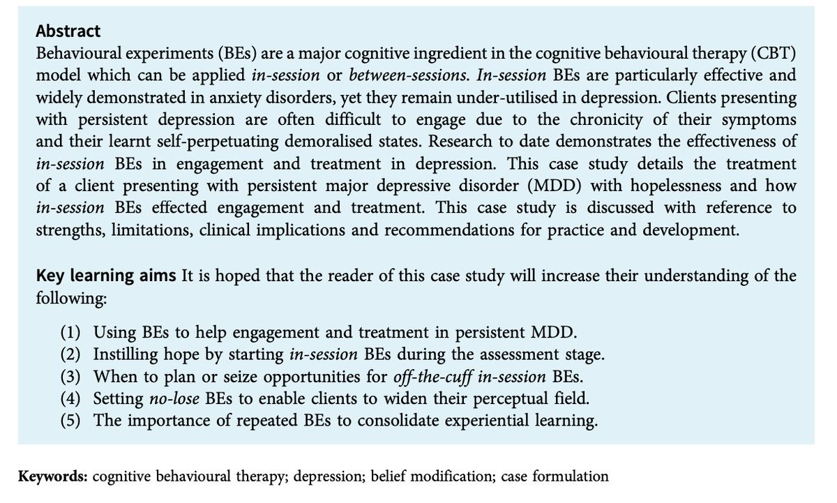 theCBTJournal's tweet photo. New paper from tCBT: Helping clients ‘restart their engine’ – use of in-session CBT behavioural experiments for engagement & treatment in persistent depression
Full free text available via @CambridgeCore at https://t.co/sqVCyurJtK
#CBT #behaviouralexperiments #depression https://t.co/UbDHsYtuhX