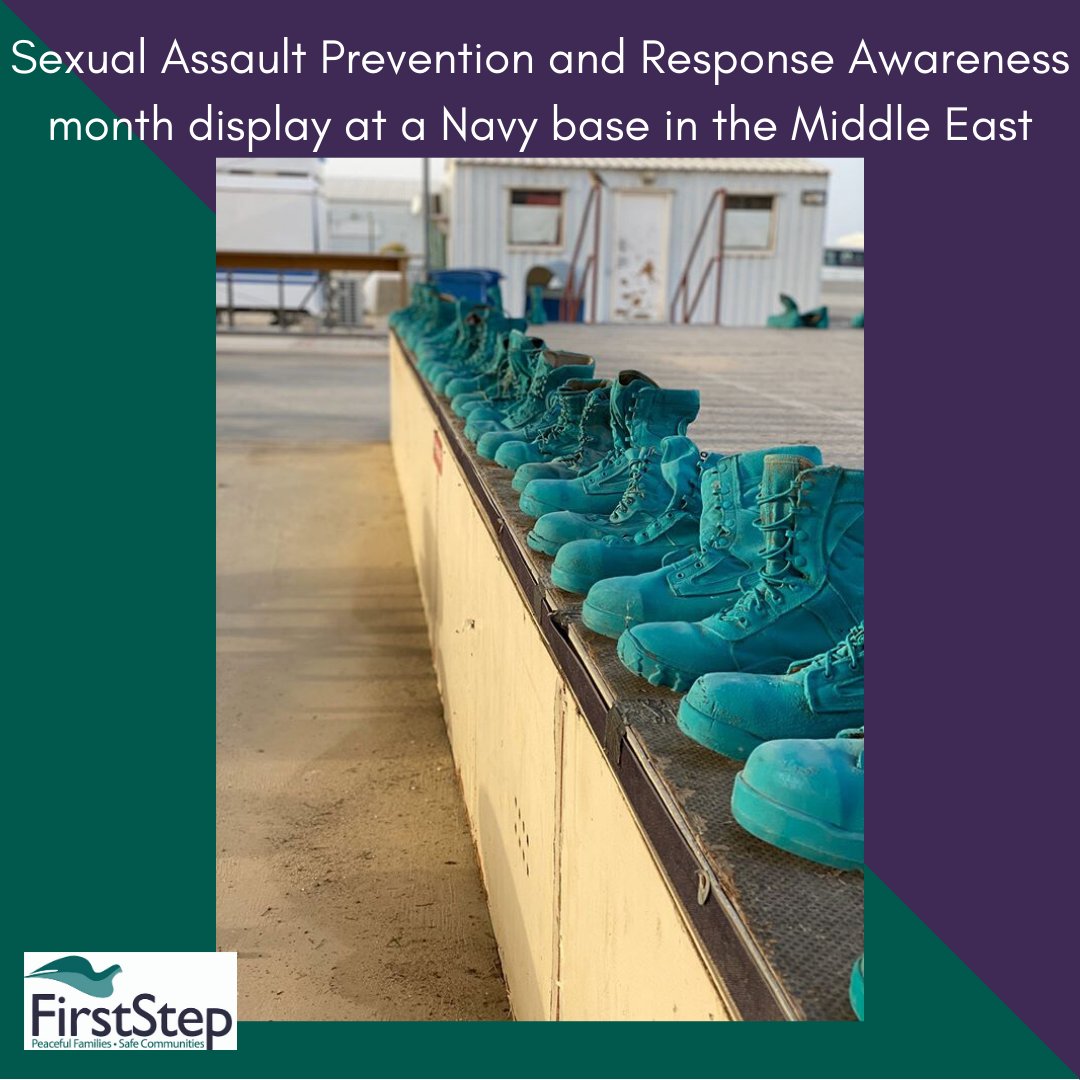 FirstStepPeace1's tweet photo. Thank you Jessica for submitting this photo from a Navy base in the Middle East. This display of teal boots is for the US Military's Sexual Assault Prevention and Response Awareness month. #SAAM #supportsurvivors #firststepcares https://t.co/MpG0QnzLlN