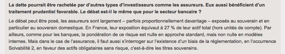 Autre mauvaise nouvelle : on a le même souci du côté des assureurs français, qui détiennent 19 % de la dette française, là aussi avec zéro besoin de fonds propres dans l’approche standard.