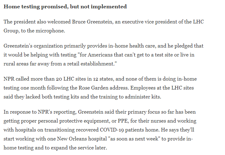 LHC Group, which focuses on in-home health care, promised at Trump's March 13 address they would be helping w/vulnerable Americans who can't get to testing sites. One month later? NPR called 20 LHC Group sites in 12 states. None of them are doing in-home testing.