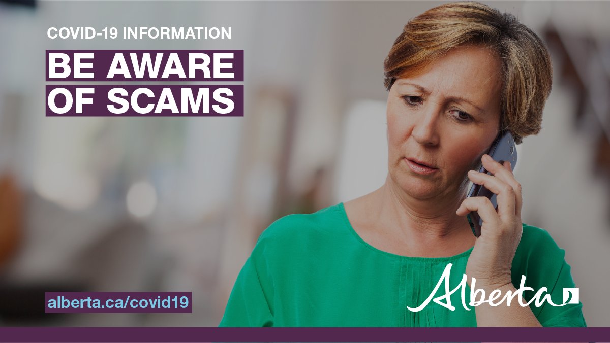 YourAlberta's tweet image. Albertans should be aware of fraudulent phone calls, websites and phishing emails that claim to be offering unsolicited help or supplies related to COVID-19.

These scams are designed to trick people into giving out personal information.
#COVID19AB