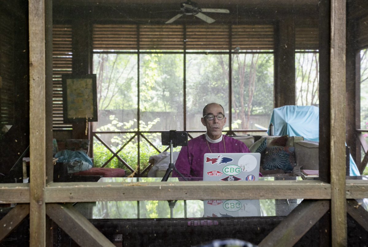 EricJShelton's tweet photo. The Rt. Rev. Brian R. Seage, 10th Bishop of the Diocese of Mississippi, speaks to an online audience during a meditation service inside of his guest house on Easter. Seage has been live-streaming worship services due to the rising number of coronavirus cases in Mississippi. https://t.co/GvfaDwv7Mr