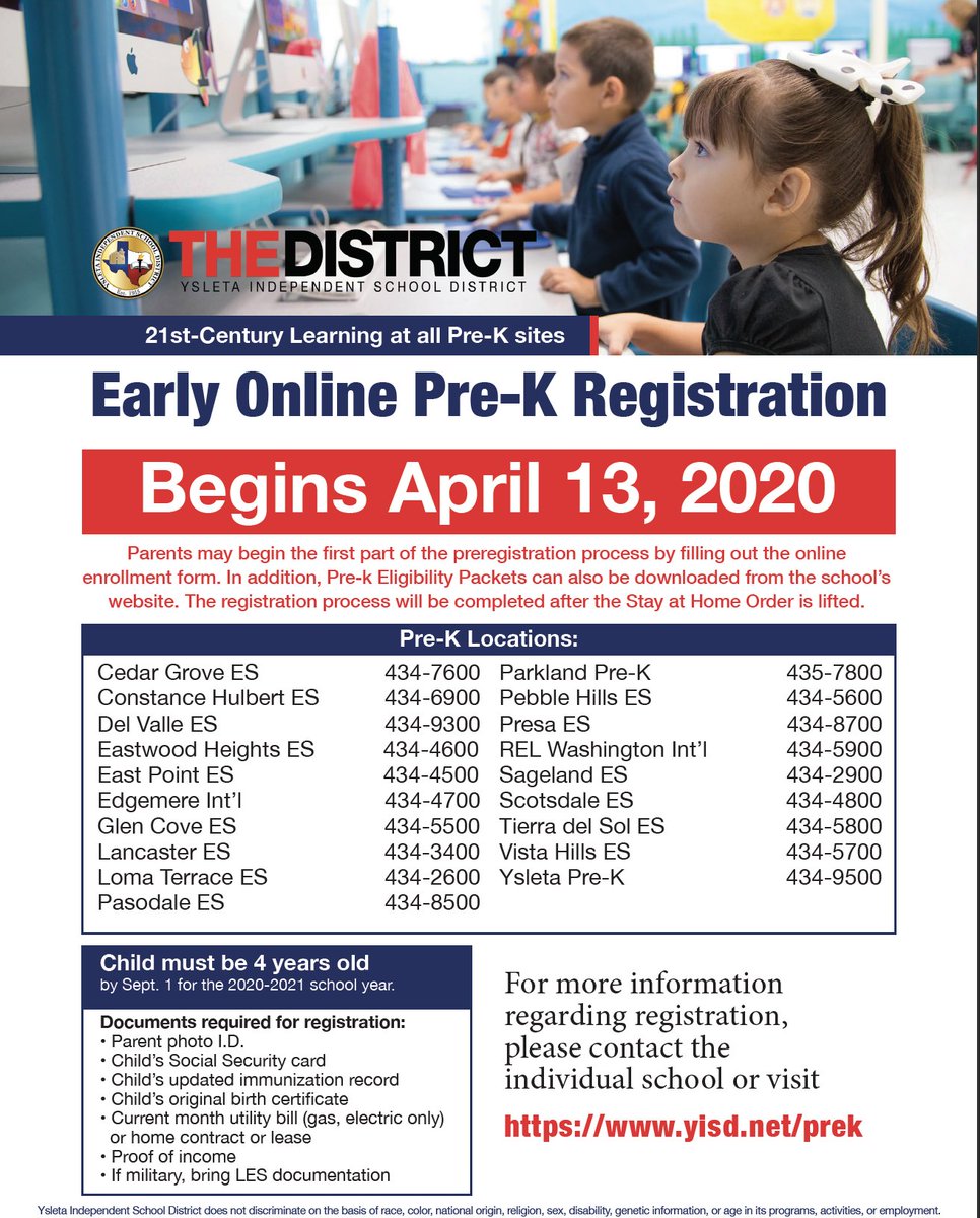YsletaISD's tweet photo. Early Online Pre-K Registration is now open! We look forward to welcoming the future of #THEDISTRICT this fall! Visit https://t.co/VWzgmLNspF to start your online enrollment. https://t.co/lEFB2tVmmO