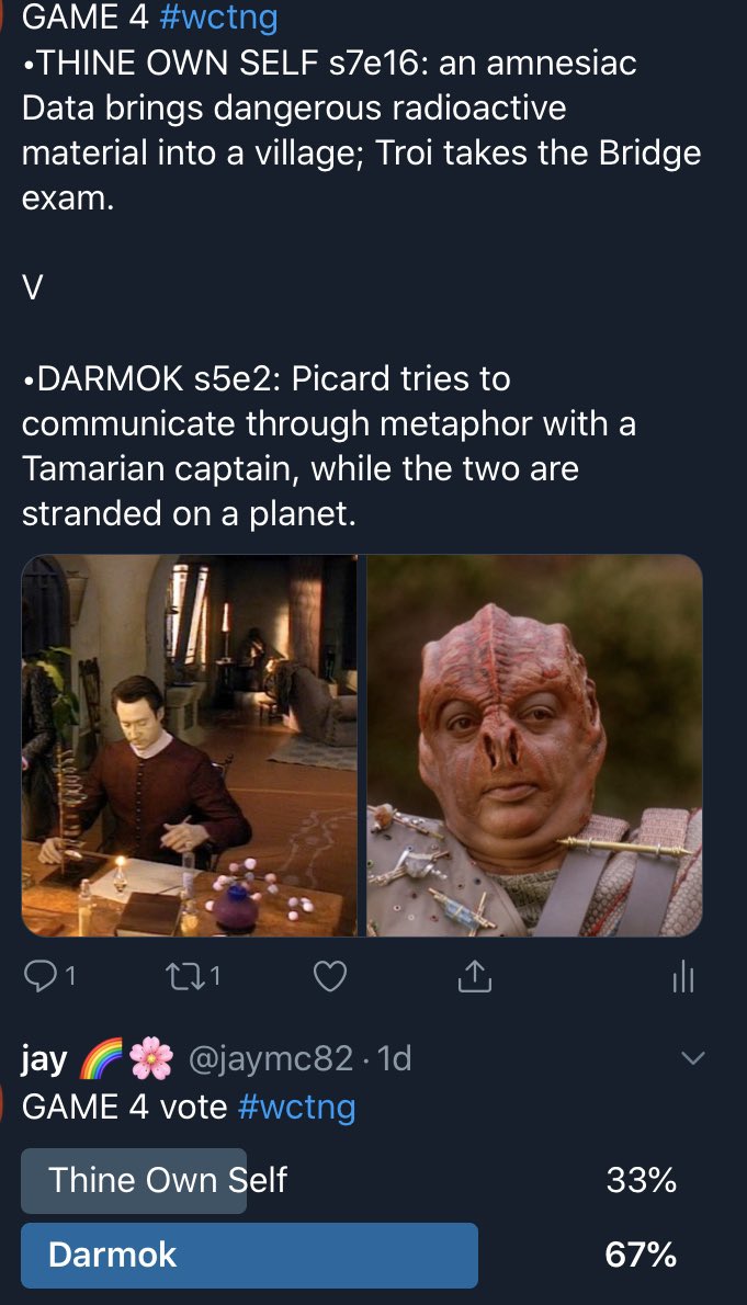 A great victory for the episode many considered the underdog, The Outcast, in the Riker derby. Thine Own Self’s fancy stylings were no match for the sheer grit and determination of Darmok.  #wctng