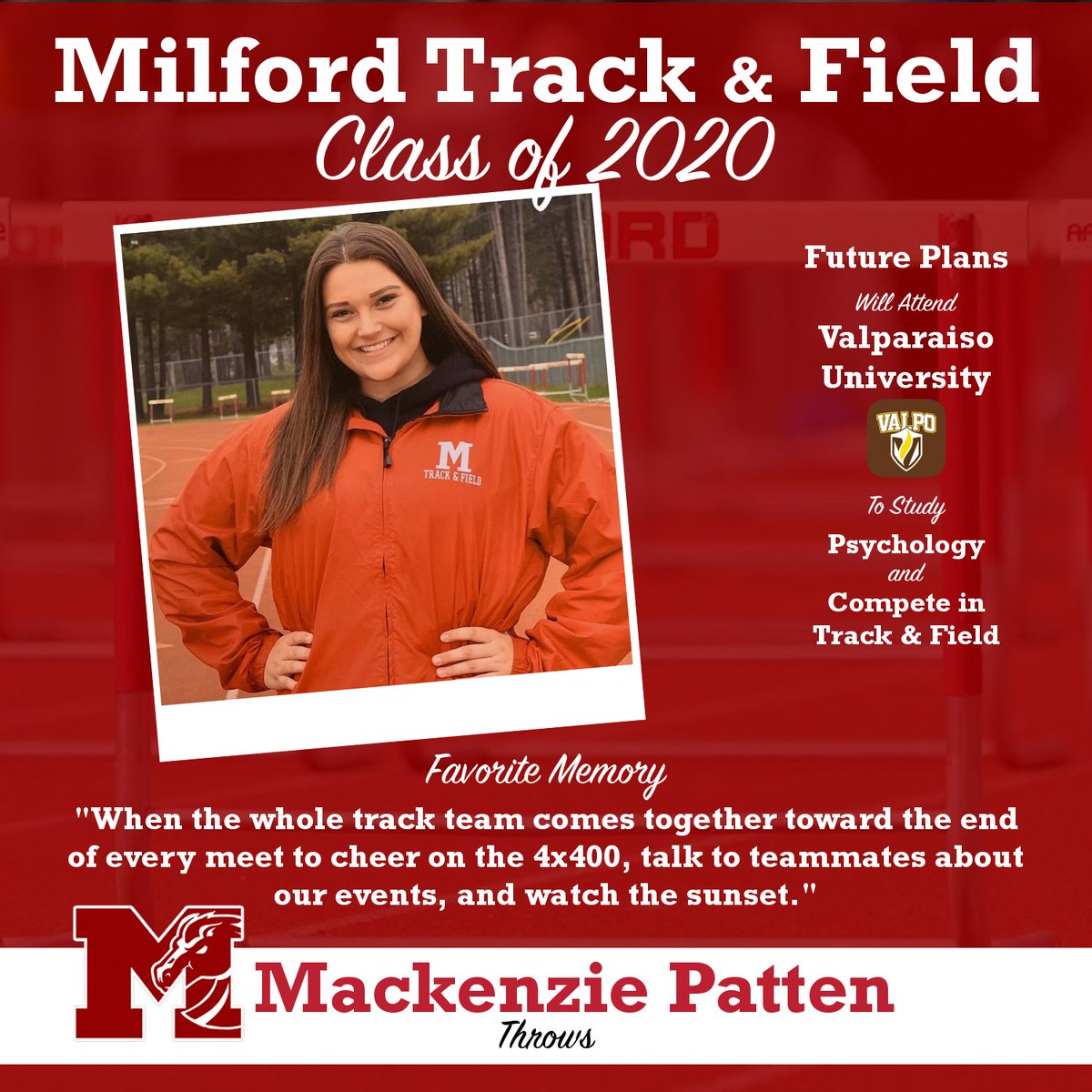 MilfordTandF's tweet photo. Senior spotlight on Mackenzie Patten.  We thank Mackenzie and her senior teammates for their Commitment, Enthusiasm &amp; Loyalty. #MilfordPride https://t.co/dpfxil4Hgq