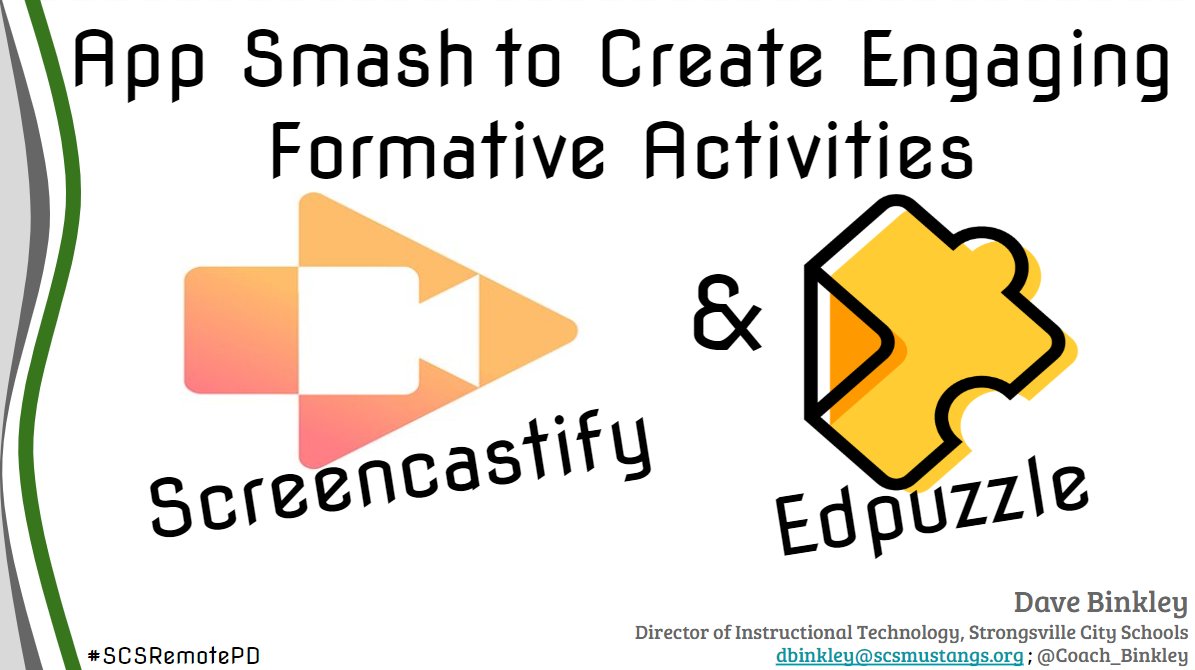 Coach_Binkley's tweet photo. We get our #SCSRemotePD Presentations started today at 9:30 with App Smash to Create Engaging Formative Activities with @Screencastify & @edpuzzle. https://t.co/s9AIVztMtk