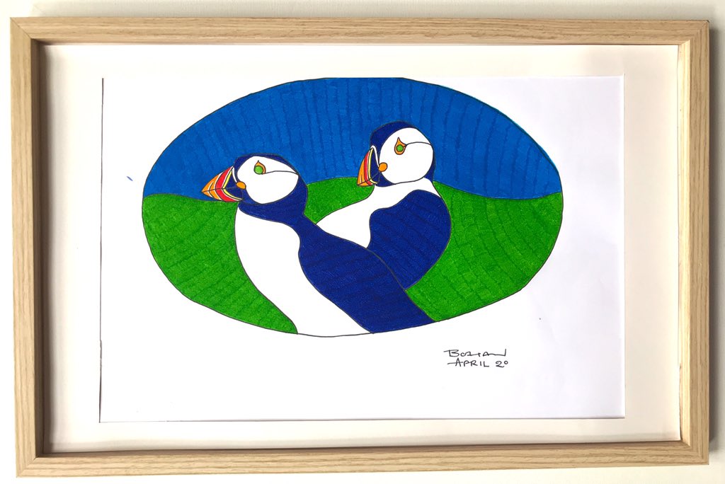 Each work is in ink on paper & is A3 sized (11.7 x 16.4 inches; 29.7 x 42cm)Two Puffins (2020)