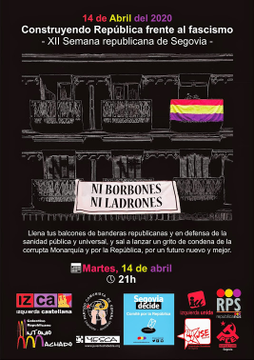 IzcaNacional's tweet photo. ☢El régimen monárquico del 78 es mafia, corrupción, miseria, es muerte.

😷✊🏽Frente al coronavirus y el virus de La Corona #NiCoronaNiVirus 
SALUD Y REPÚBLICA. 

❤💜No confines tu voz, este #14Abril y #23deAbril haz viral la república.

Saca tus símbolos republicanos al balcón https://t.co/PtQ2aBueiH