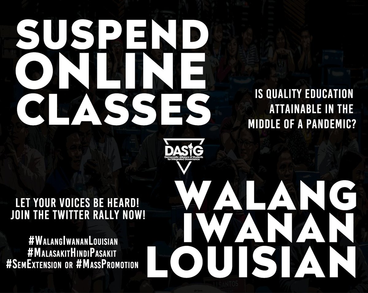 dasig_slu's tweet photo. #WalangIwananLouisian! Join this Twitter online petition if you oppose the newly-released academic guidelines of the SLU Administration for the remaining period of the semester.

Just reply to the tweet with your name, school, and the hashtag #WalangIwananLouisian! https://t.co/r6Qsvmk1b5