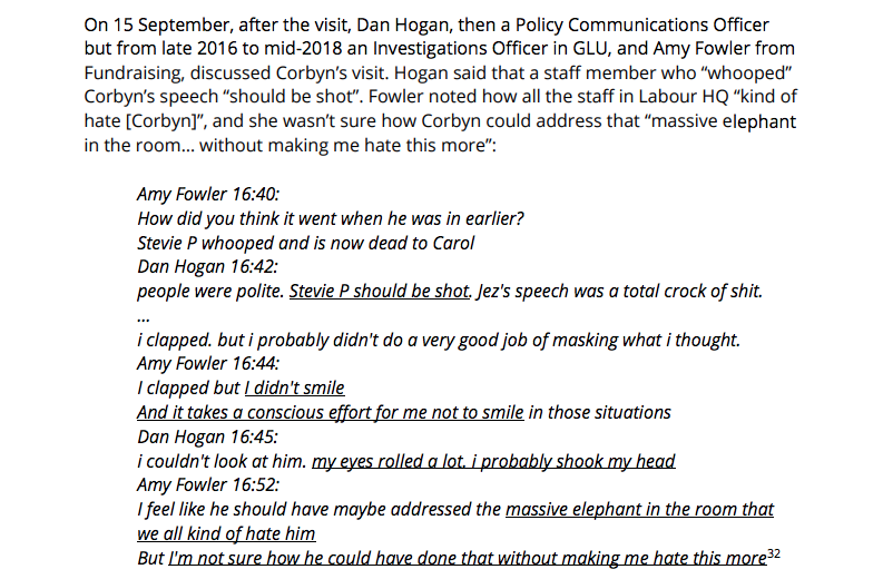 Page 41: Senior staff discussing how a staff member who cheered Corbyn "should be shot".