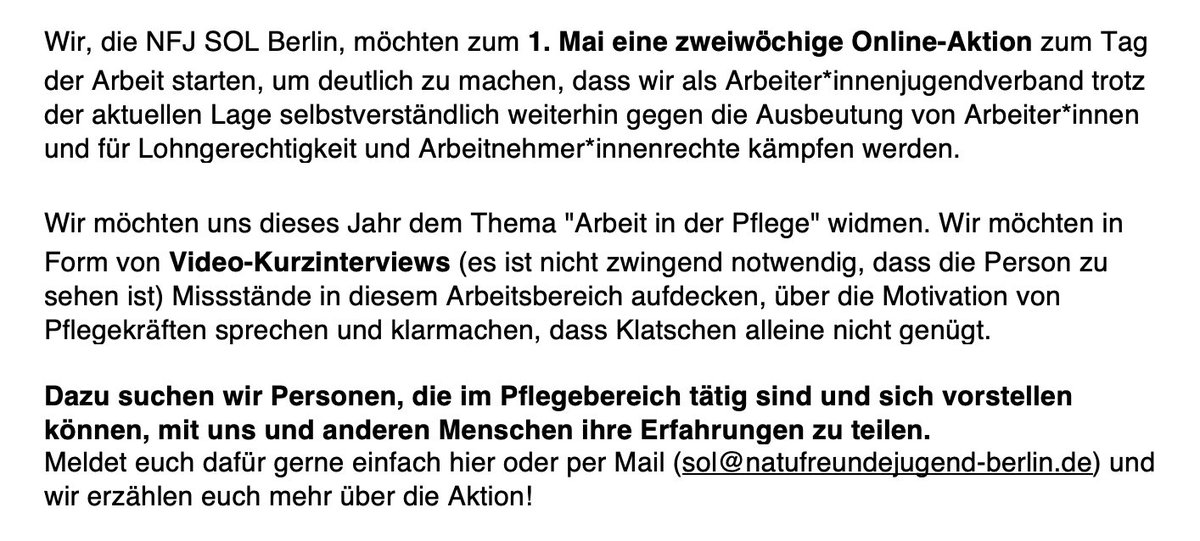 Du bist Pfleger*in oder in einer Pflege-Ausbildung und hast Lust, deine Erfahrungen zu teilen? Wir freuen uns über jede Teilnahme, meldet euch gerne per DM oder Mail.

#Pflege #TagderArbeit #erstermai #carework #Pflegekraefte #Pflegenotstand