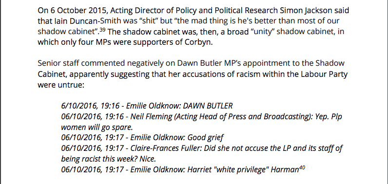 Page 42: Senior staff ridiculing Dawn Butler for speaking out on racism in the Labour party