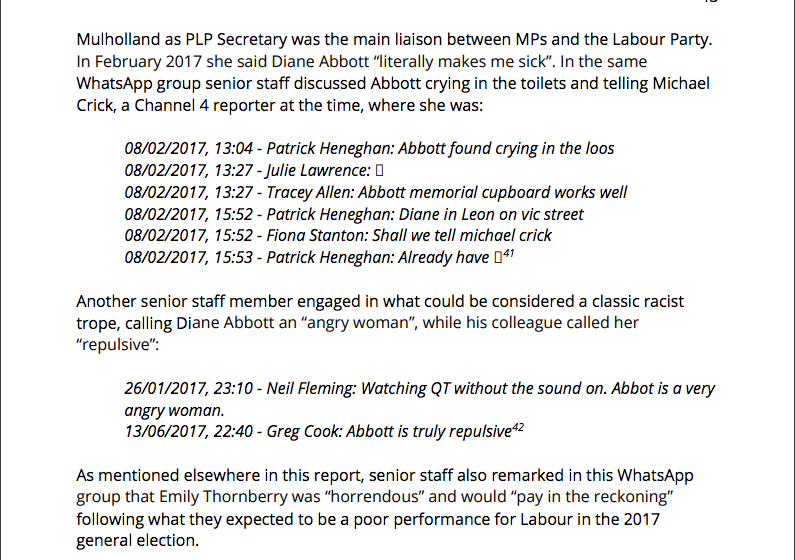 Page 43: A vile discussion amongst prominent staff, abusing Dianne Abbott and Emily Thornberry, and further extracts from pages 94, 100 & 101 showing systematic abuse towards Dianne Abbott by senior staff