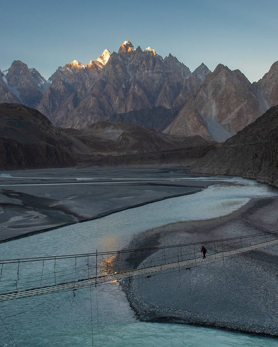 TheVisualYatra's tweet photo. Hanging above the Borit Lake in Hunza, the Hussaini Hanging Bridge, has become a label of extreme adventure around the world due to the long and terrifying walk that comes along with it!⠀
⠀
Shared by @ali_awaiss #TheVisualYatra #Karakoram #Himalayas #picturepakistan #hunza https://t.co/tA1DP1Kn3m