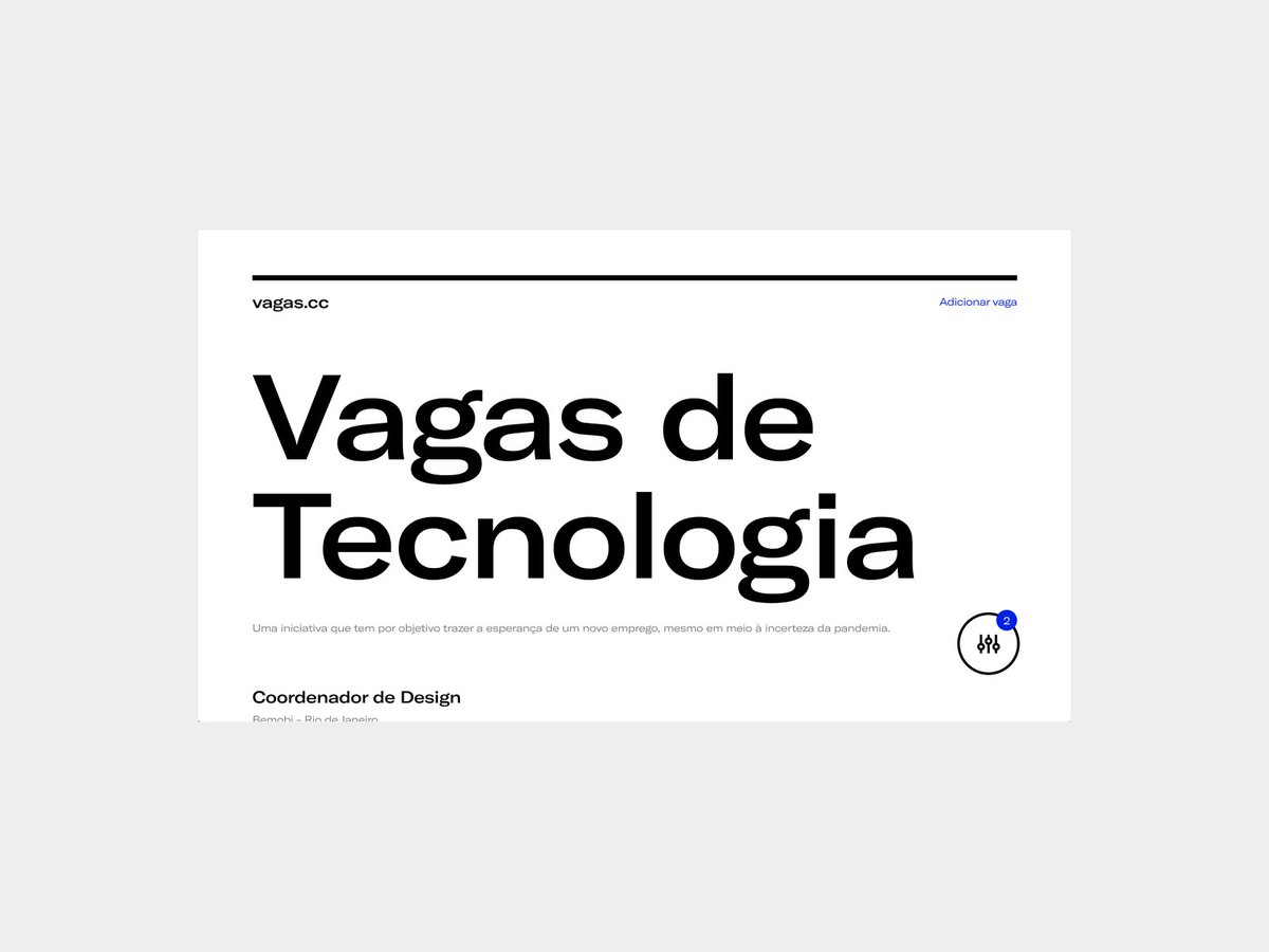 Novo projeto no ar! O vagas.cc é uma iniciativa com o objetivo de ajudar a manter o mercado de tecnologia ativo e cheio de oportunidades, mesmo na pandemia. Acesse o site e facilite a busca por emprego neste momento tão complicado.