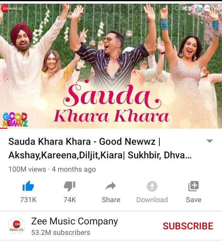 BollywoodAlarab's tweet photo. #بوليود_العرب وصلت اغنية فيلم #GoodNewws Sauda khara khara
إلى 100 مليون مشاهدة في اليوتيوب https://t.co/qWNCVaCpbl