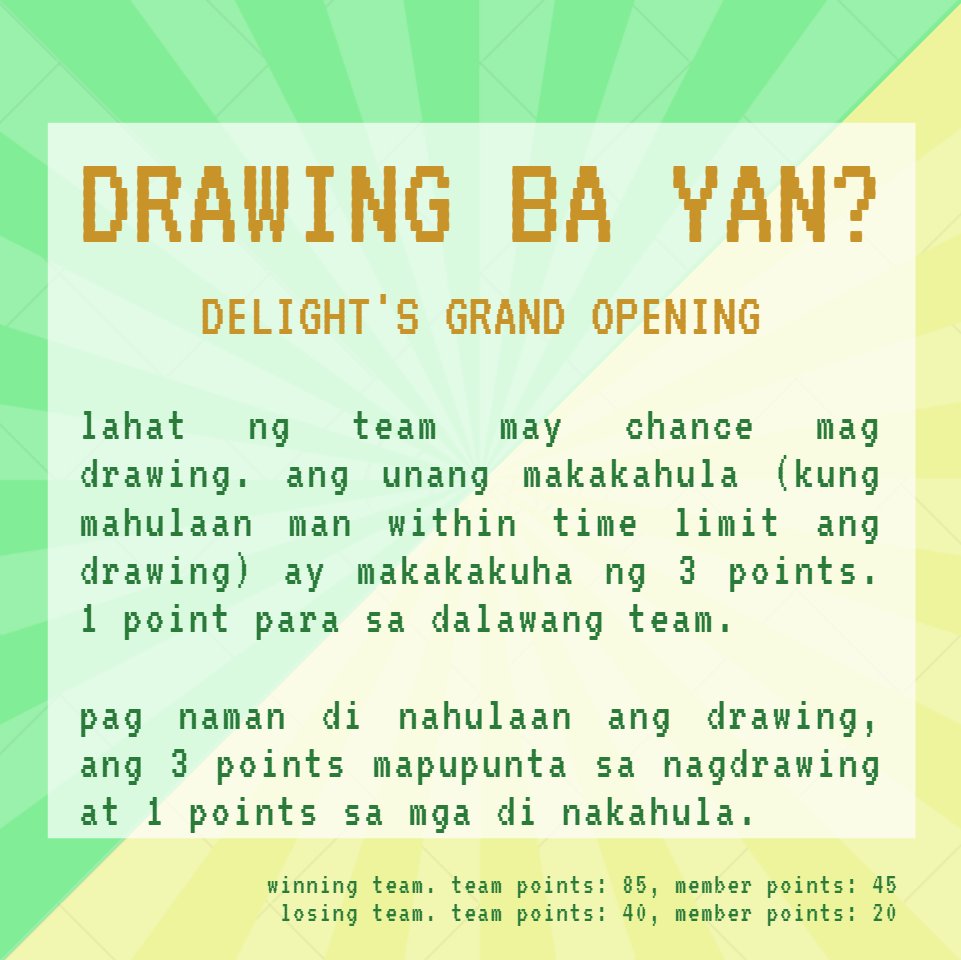 eventsdlt's tweet photo. tinatamad ako mag isip ng pangalan ng game. wag kayo magulo, sasabihin nyo din naman yan mamaya pag di nyo maintindihan yung drawing ng kalaban nyo. parang draw my thing lang to. drawing ng kalaban, huhulaan nyo. pag di nyo nahulaan kanila ang 3 points. https://t.co/iP2nNzTWNx
