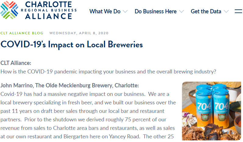 CltClark's tweet photo. Great Q&amp;A on how COVID-19 is impacting @oldemeckbrew &amp; Denver, NC's Royal Bliss Brewing https://t.co/lNEdLcAMRT @clt_alliance #brewing #Charlotte #COVID19 https://t.co/A2qZH9xh3X