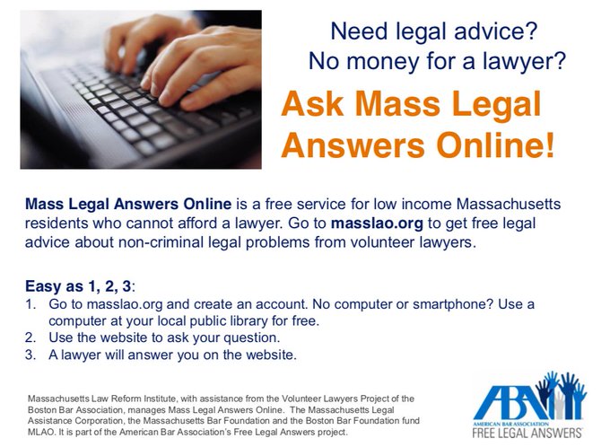 MassBar's tweet image. Are you in need of legal assistance but cannot afford a lawyer? Mass Legal Answers Online remains up and running for low-income Massachusetts residents with legal questions. Visit masslao.org to learn more about this free service.