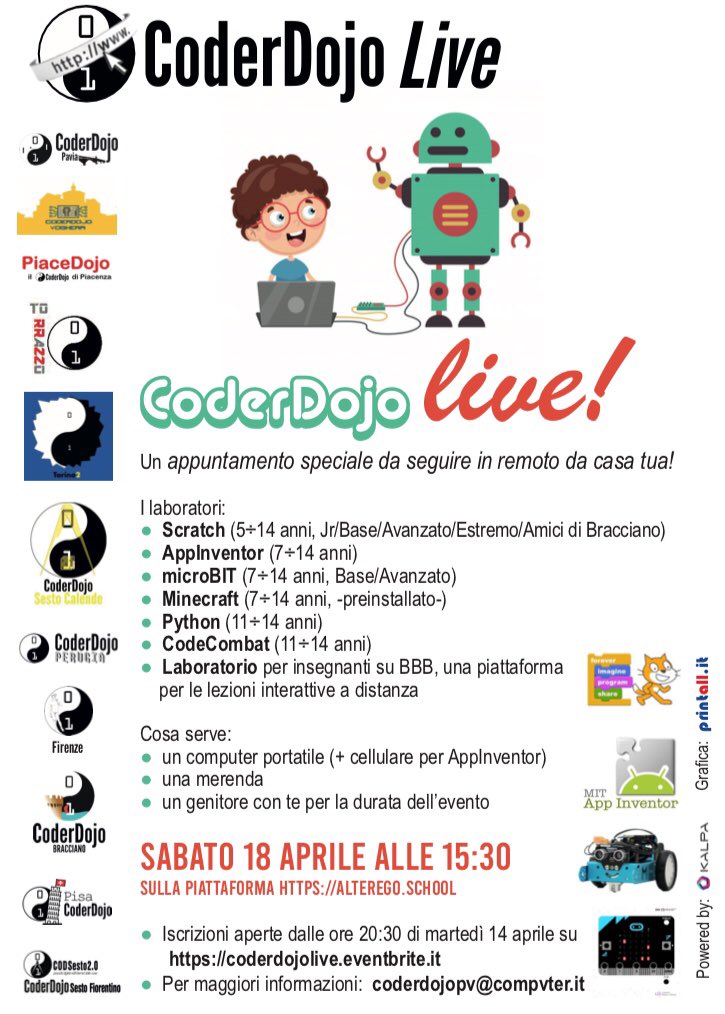 PiaceDojo's tweet image. #Coderdojolive il primo #Coderdojo online che riunisce il maggior numero di Dojo italiani!
Questo sabato online!!
coderdojolive.eventbrite.it
#piacedojo il #coderdojo di #piacenza
