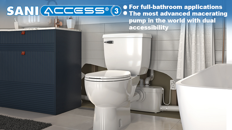 SanifloUSA's tweet photo. Our #Saniaccess3 #macerating #pump, lets you install a complete #bathroom anywhere! It pumps #wastewater up to 15 ft vertical ↑ and/or 150 ft horizontal ↔ through pipes in your walls &amp; ceiling, w/ gravity fall into a nearby #soilstack. Save yourself the headache with #Saniflo! https://t.co/b1E7BM103h