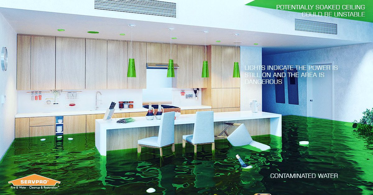 If you experience a water loss or #flood, identify potential hazards ASAP. A few to remember are: ⚠️ Ceiling ⚠️ Electrical shock hazards ⚠️ Contaminated water ⚠️ Hidden hazards in the water