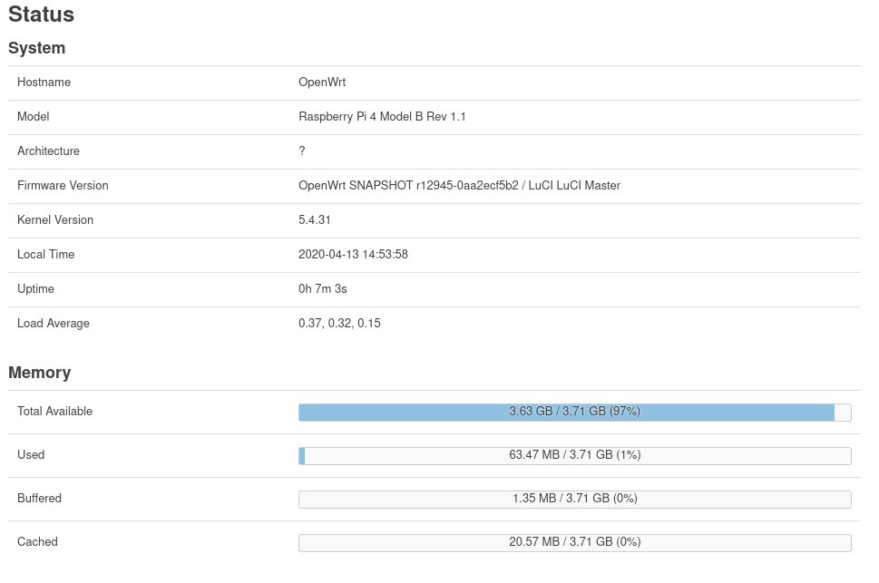  #OpenWrt on  #RPi4 upgrade complete! Almost 4 gigs of RAM available, and close to 60 gigs of storage. Maybe I could run a proxy too.Next step, Wireguard setup...